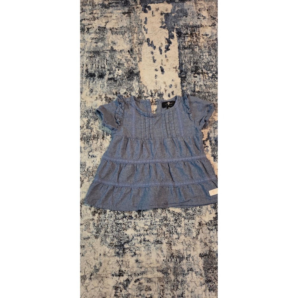 7 For All Mankind Baby Girl Blue Chambray Tiered Ruffle Lace Top 18M